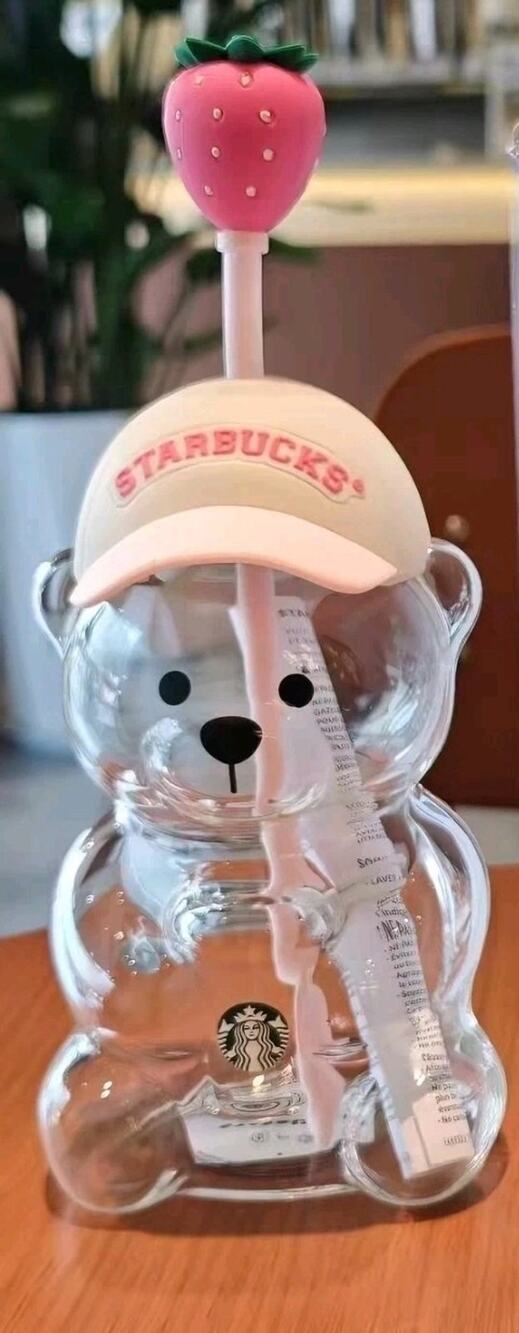 Authentic Starbucks Bearista Bear Glass Pink Drink Strawberry Cup 20 oz.